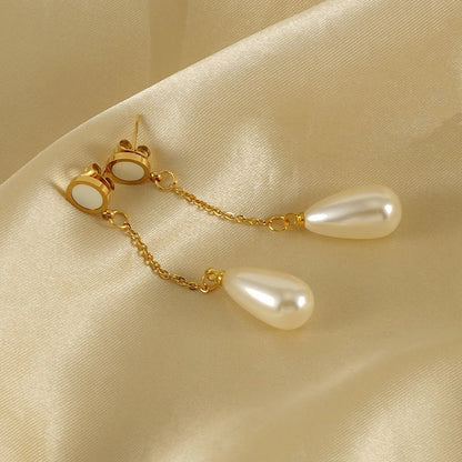 1 Pair Elegant Water Droplets Stainless Steel Inlay Artificial Pearls Shell 18k Gold Plated Drop Earrings