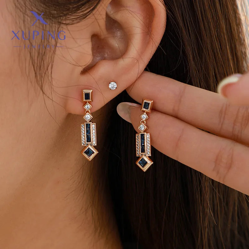 1 Pair Elegant XUPING Geometric Inlay Copper Artificial Gemstones 18K Gold Plated Drop Earrings