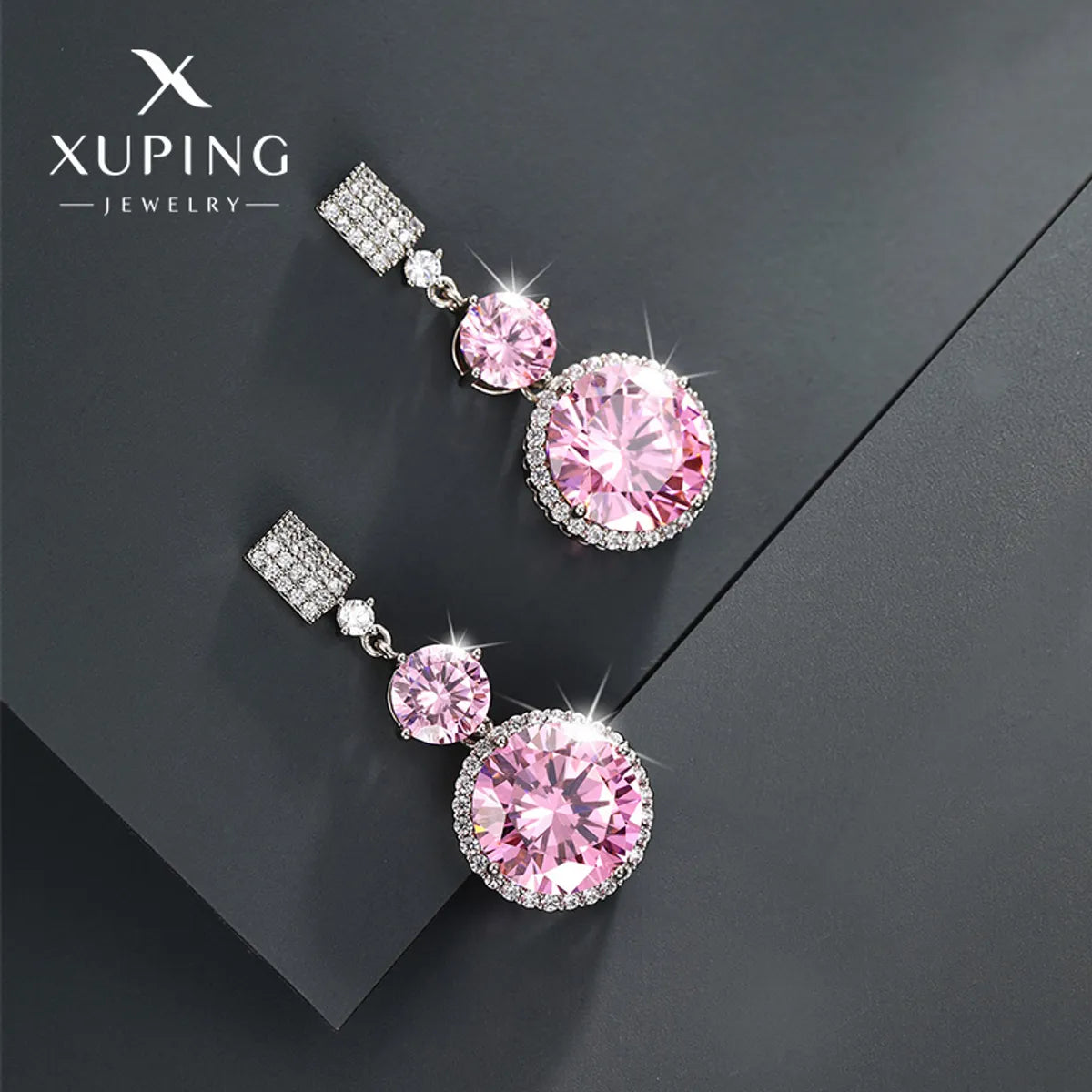 1 Pair Elegant Xuping Round Plating Inlay Copper Alloy Artificial Gemstones White Gold Plated Drop Earrings