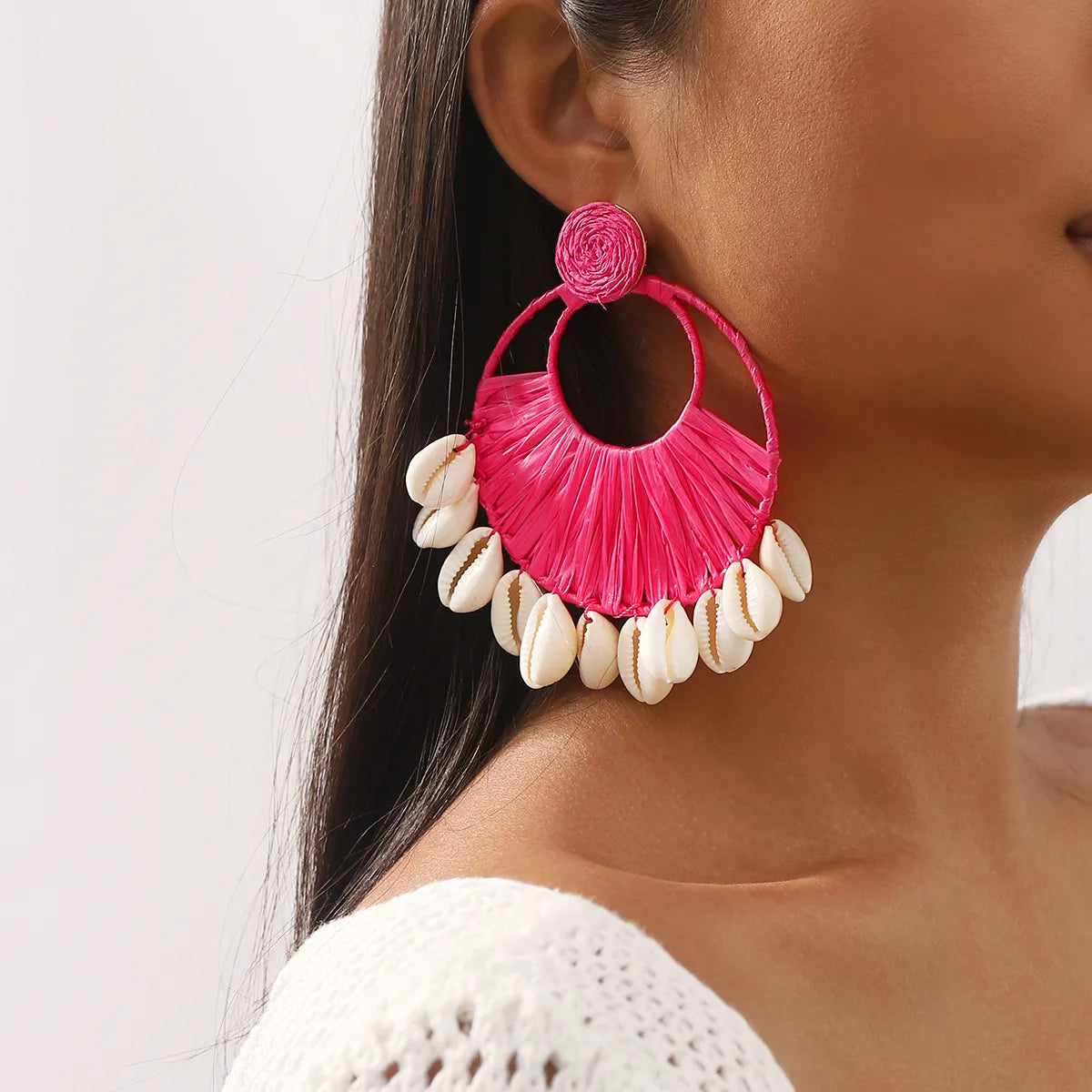 1 Pair Ethnic Style Beach Color Block Braid Raffia Shell Drop Earrings