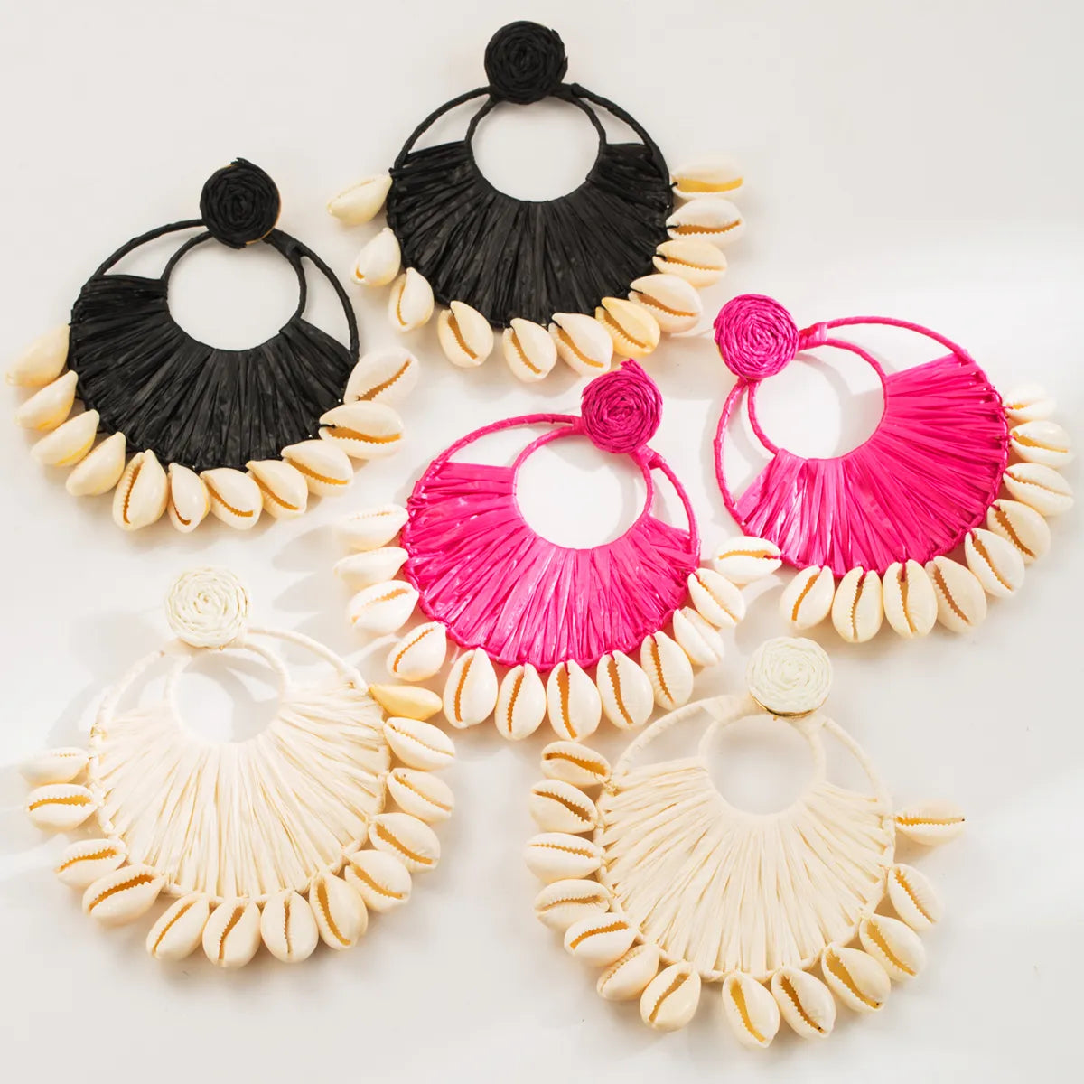 1 Pair Ethnic Style Beach Color Block Braid Raffia Shell Drop Earrings