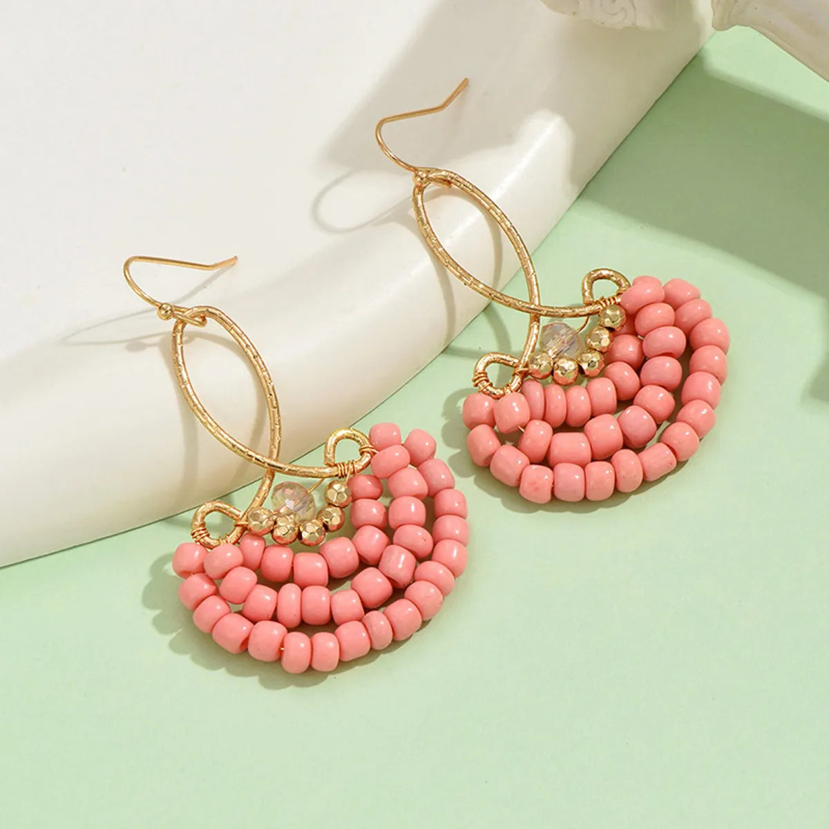 1 Pair Ethnic Style Bohemian Geometric Beaded Plating Artificial Crystal Seed Bead Iron Drop Earrings