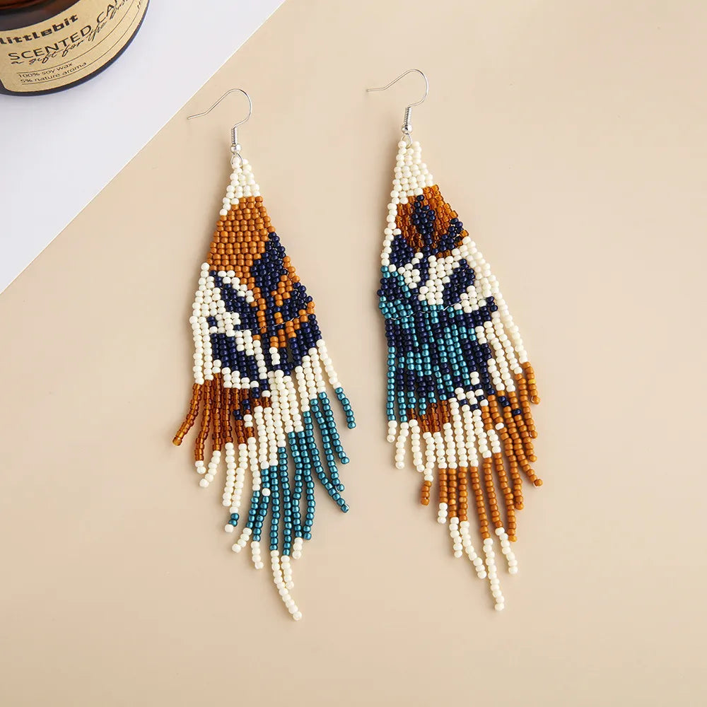 1 Pair Ethnic Style Bohemian Tassel Flower Glass Seed Bead Drop Earrings