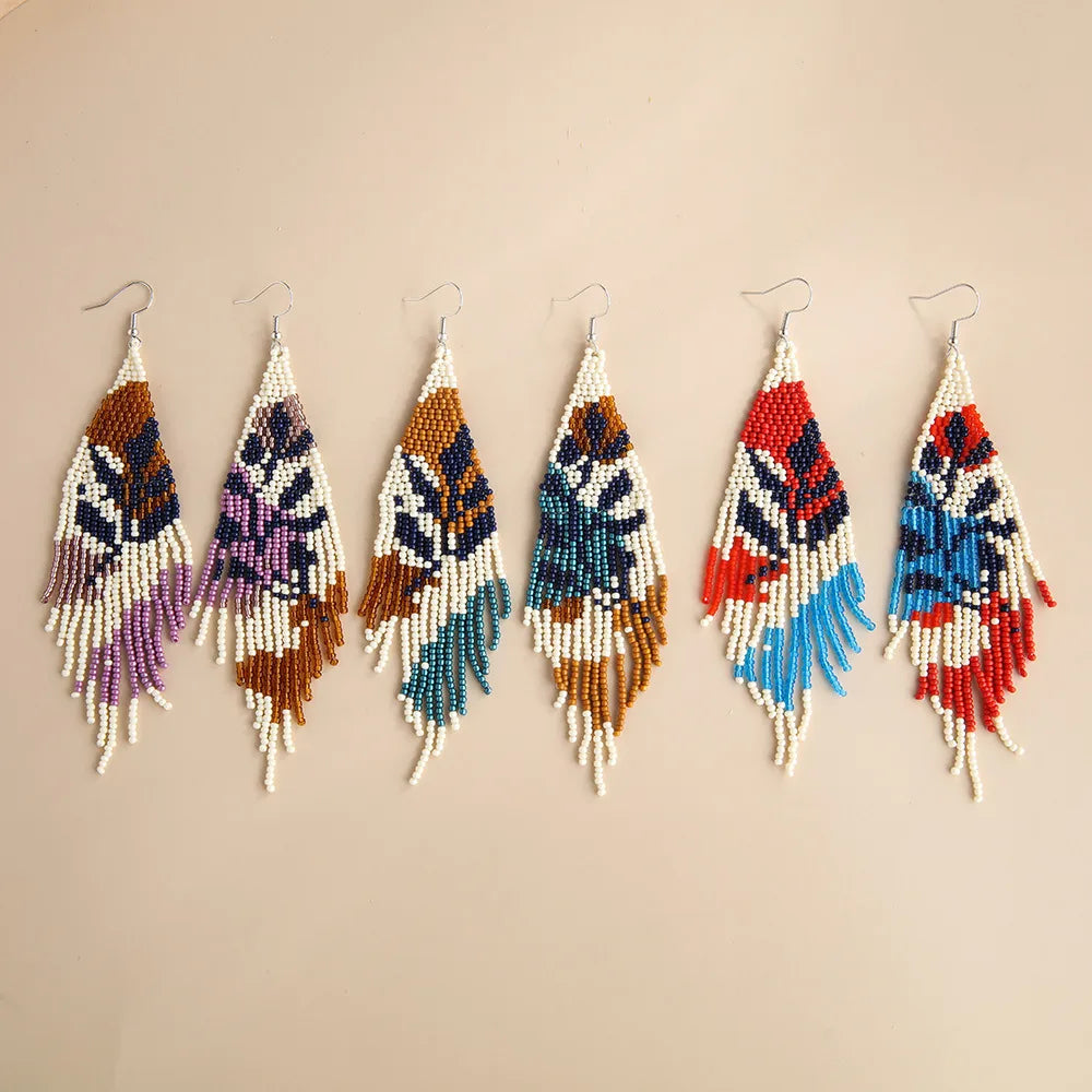 1 Pair Ethnic Style Bohemian Tassel Flower Glass Seed Bead Drop Earrings