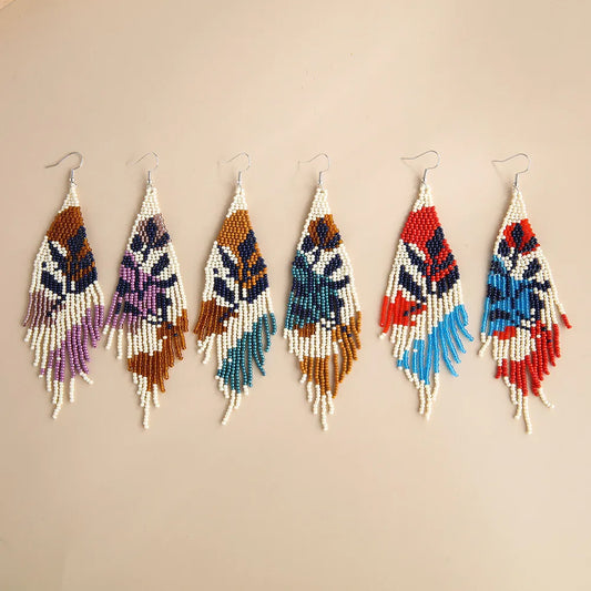 1 Pair Ethnic Style Bohemian Tassel Flower Glass Seed Bead Drop Earrings