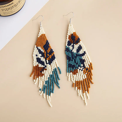 1 Pair Ethnic Style Bohemian Tassel Flower Glass Seed Bead Drop Earrings