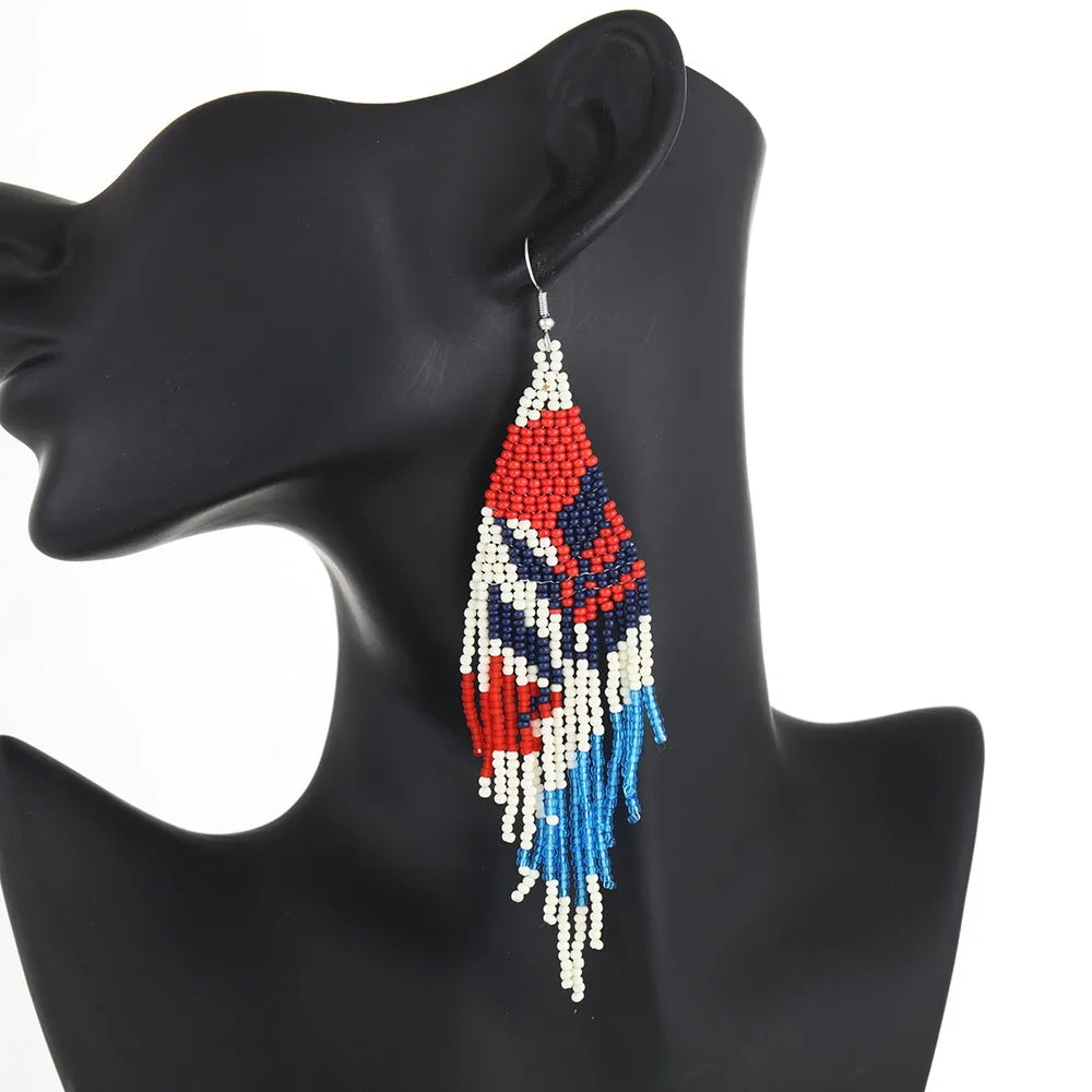 1 Pair Ethnic Style Bohemian Tassel Flower Glass Seed Bead Drop Earrings