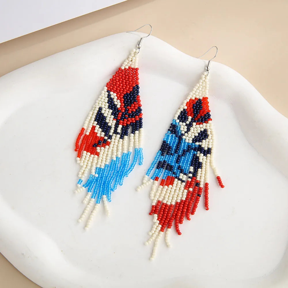 1 Pair Ethnic Style Bohemian Tassel Flower Glass Seed Bead Drop Earrings