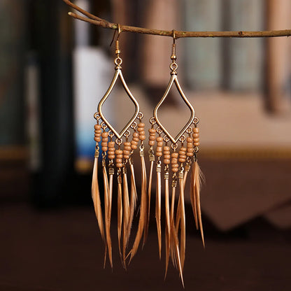 1 Pair Ethnic Style Bohemian Tassel Plating Alloy Feather Drop Earrings