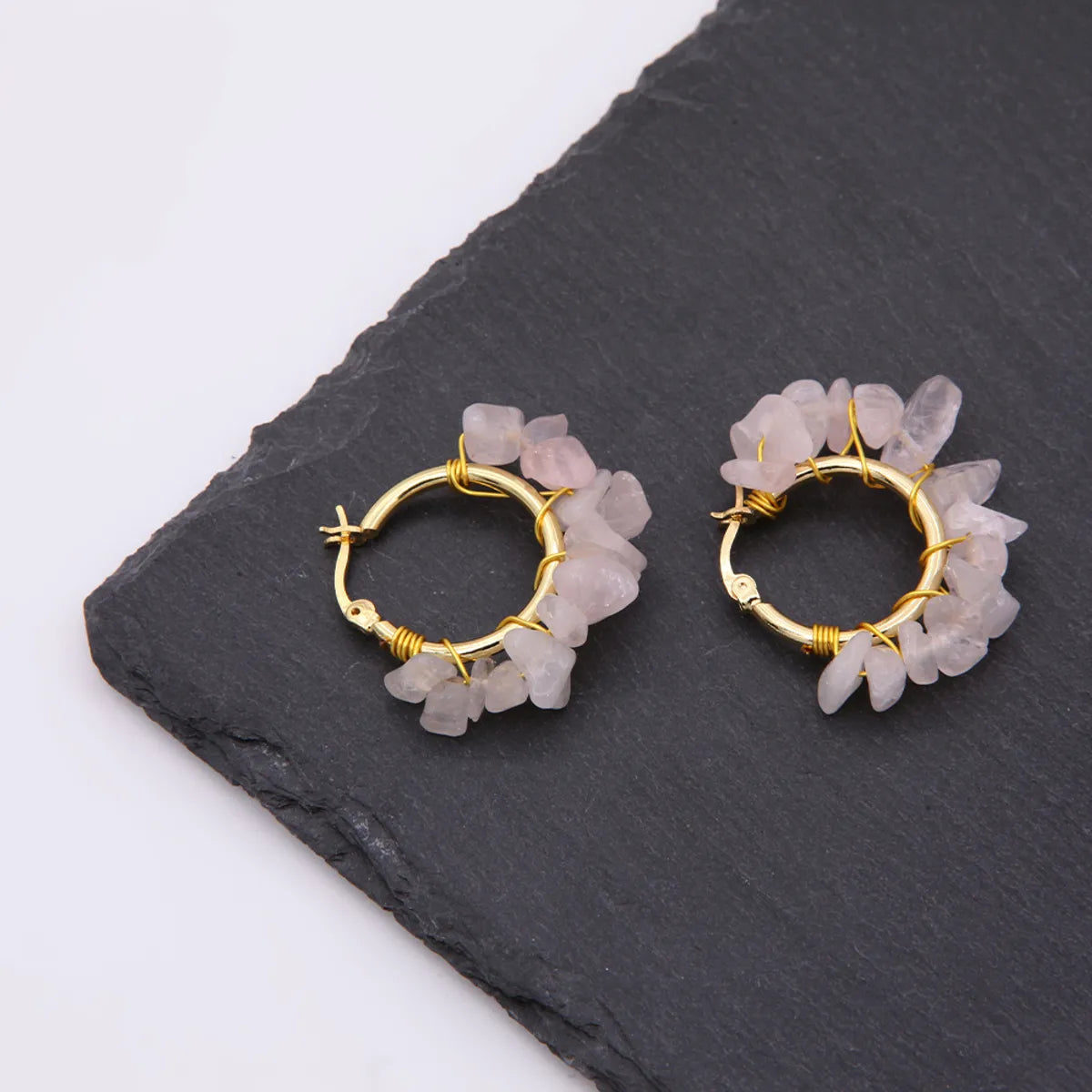 1 Pair Ethnic Style Bohemian Tropical Solid Color Handmade Plating Natural Stone Copper 18k Gold Plated Hoop Earrings