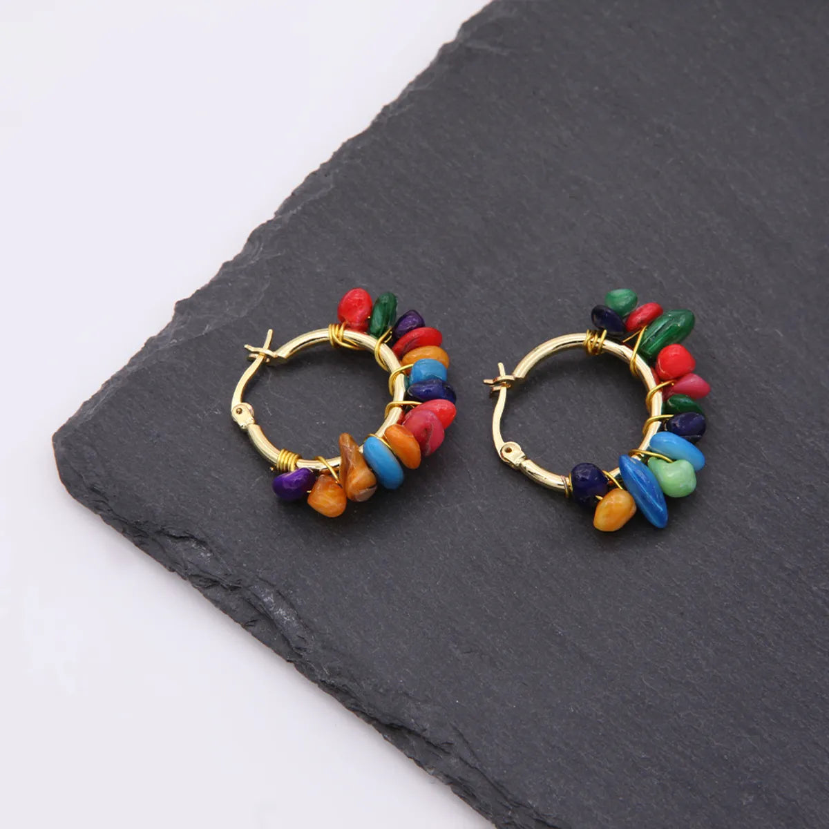 1 Pair Ethnic Style Bohemian Tropical Solid Color Handmade Plating Natural Stone Copper 18k Gold Plated Hoop Earrings