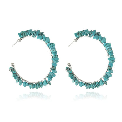 1 Pair Ethnic Style C Shape Beaded Turquoise Ear Studs