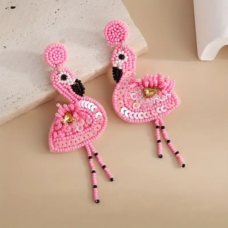 1 Pair Ethnic Style Classic Style Flamingo Inlay Seed Bead Rhinestones Drop Earrings