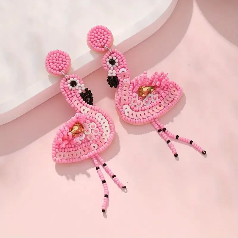 1 Pair Ethnic Style Classic Style Flamingo Inlay Seed Bead Rhinestones Drop Earrings