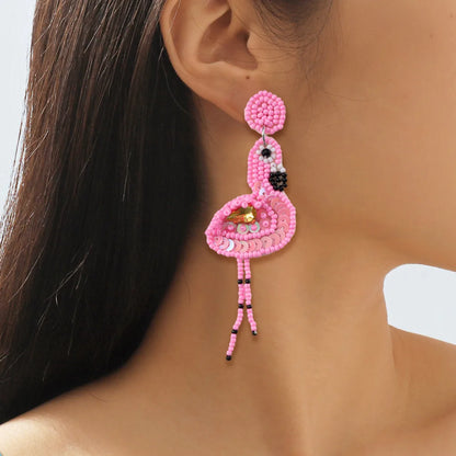 1 Pair Ethnic Style Classic Style Flamingo Inlay Seed Bead Rhinestones Drop Earrings