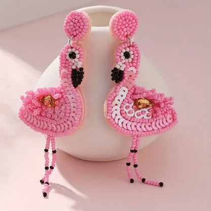 1 Pair Ethnic Style Classic Style Flamingo Inlay Seed Bead Rhinestones Drop Earrings