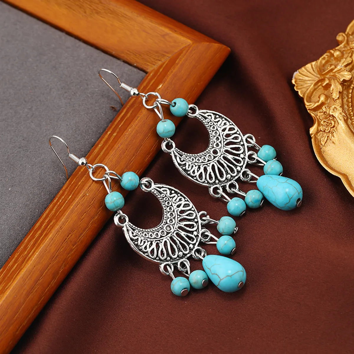 1 Pair Ethnic Style Classic Style Moon Water Droplets Inlay Alloy Turquoise Drop Earrings