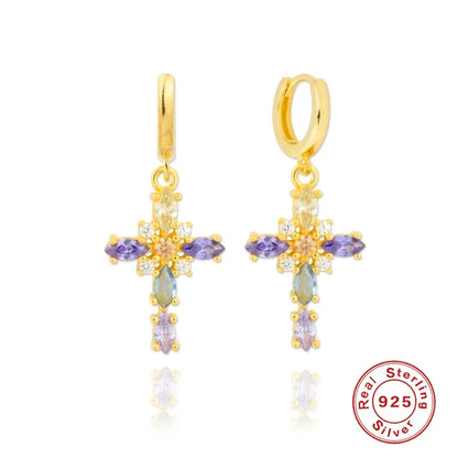 1 Pair Ethnic Style Cross Sterling Silver Plating Inlay Zircon Drop Earrings