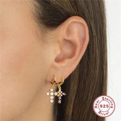 1 Pair Ethnic Style Cross Sterling Silver Plating Inlay Zircon Drop Earrings