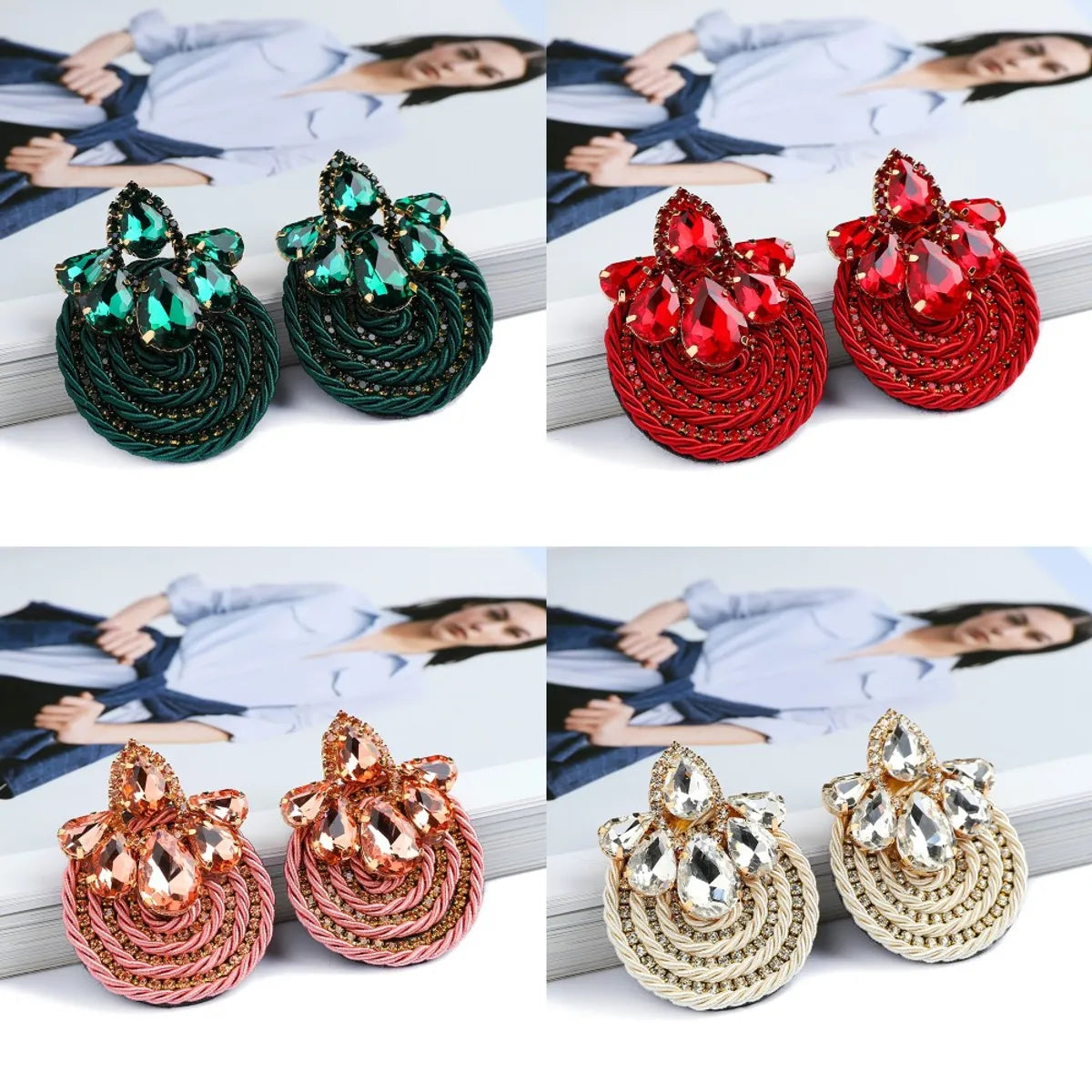 1 Pair Ethnic Style Flower Cloth Rhinestone Women'S Ear Studs