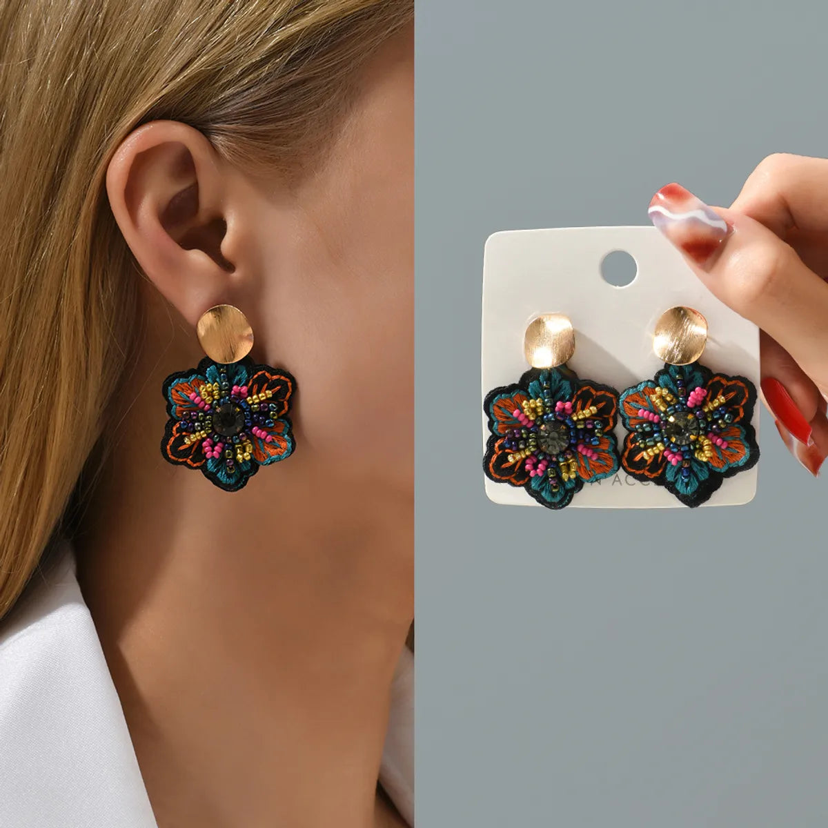 1 Pair Ethnic Style Flower Embroidery Beaded Resin Zinc Alloy Handmade Dangling Earrings