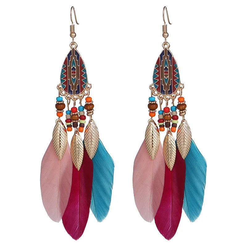 1 Pair Ethnic Style Flower Plating Alloy Feather Drop Earrings