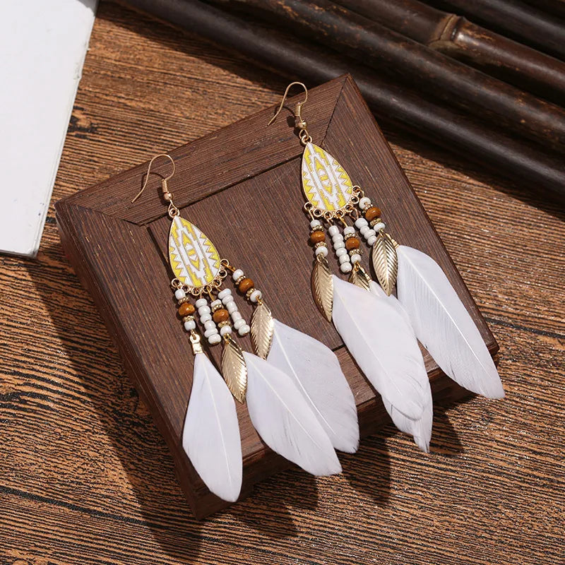 1 Pair Ethnic Style Flower Plating Alloy Feather Drop Earrings