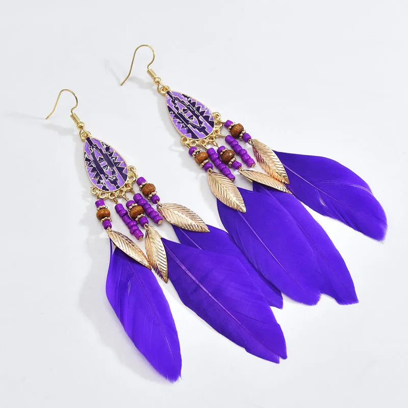 1 Pair Ethnic Style Flower Plating Alloy Feather Drop Earrings