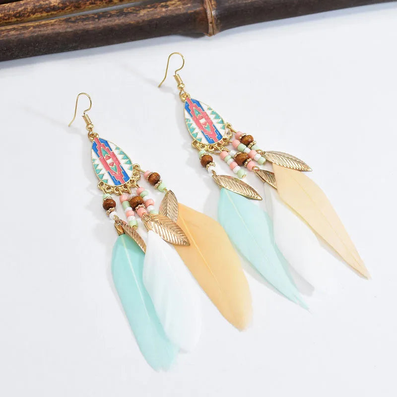 1 Pair Ethnic Style Flower Plating Alloy Feather Drop Earrings