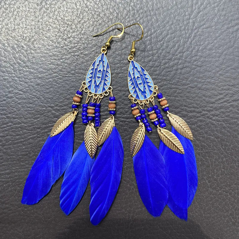 1 Pair Ethnic Style Flower Plating Alloy Feather Drop Earrings