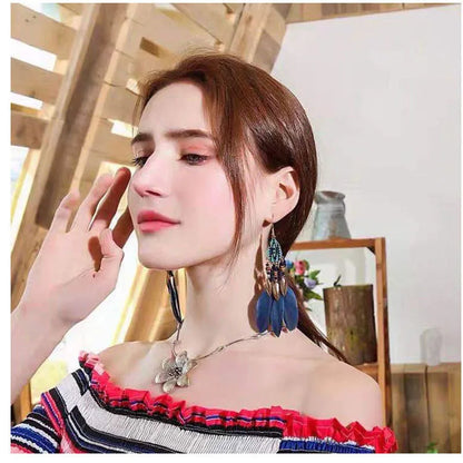 1 Pair Ethnic Style Flower Plating Alloy Feather Drop Earrings