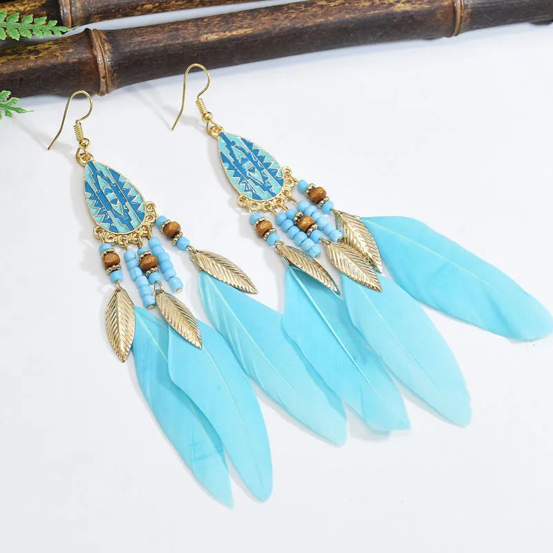 1 Pair Ethnic Style Flower Plating Alloy Feather Drop Earrings