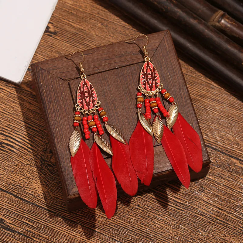 1 Pair Ethnic Style Flower Plating Alloy Feather Drop Earrings