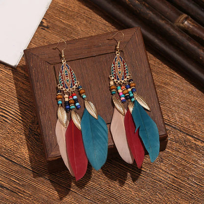 1 Pair Ethnic Style Flower Plating Alloy Feather Drop Earrings