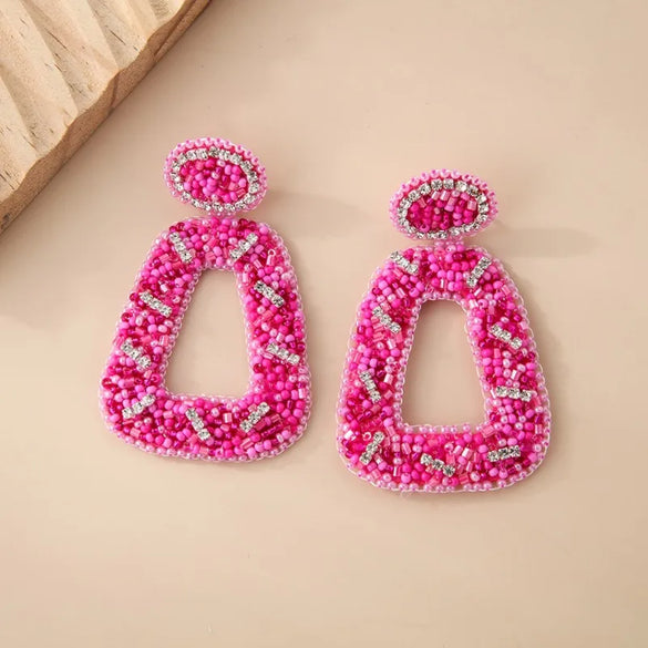 1 Pair Ethnic Style Geometric Beaded Inlay Felt Seed Bead Rhinestones Drop Earrings