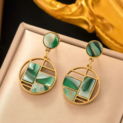 1 Pair Ethnic Style Geometric Plating Inlay Titanium Steel Natural Stone 18k Gold Plated Drop Earrings