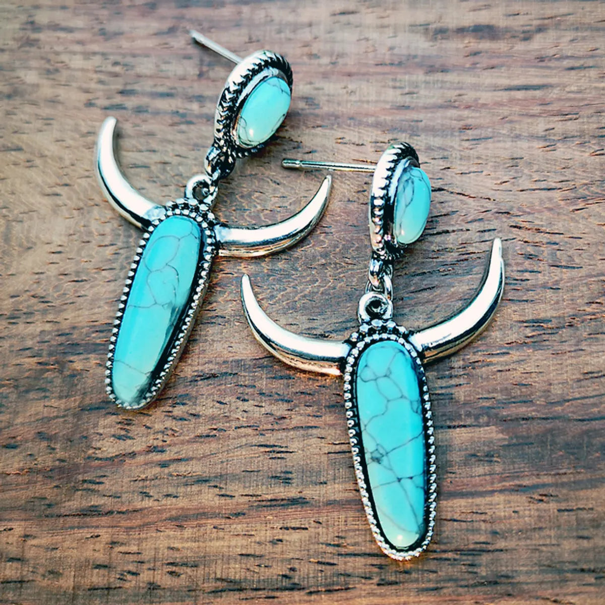 1 Pair Ethnic Style Horns Metal Inlay Turquoise Silver Plated Women's Drop Earrings