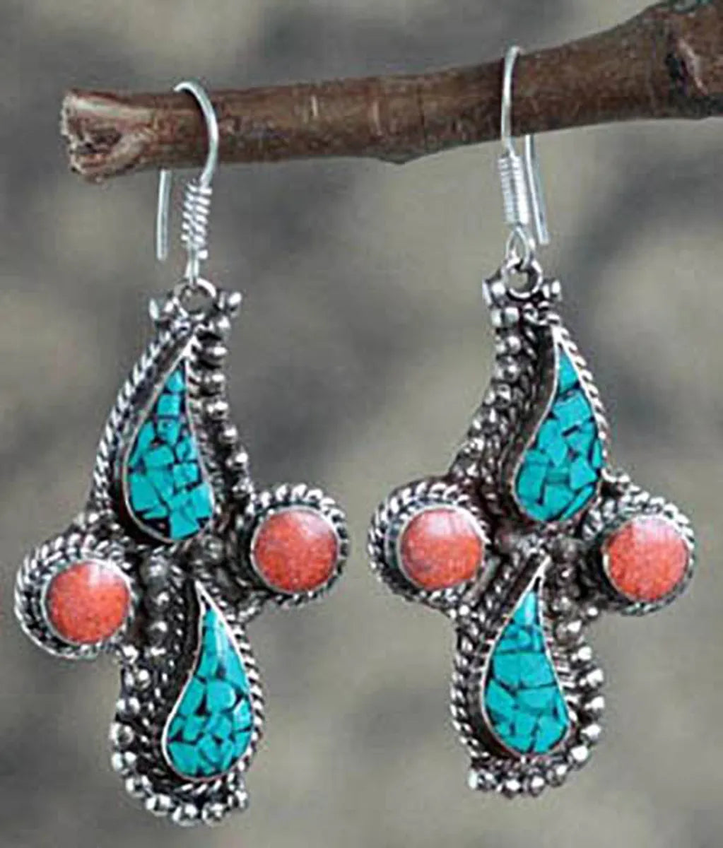 1 Pair Ethnic Style Leaf Water Droplets Metal Inlay Artificial Gemstones Turquoise Silver Plated Women's Drop Earrings