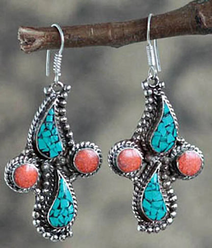 1 Pair Ethnic Style Leaf Water Droplets Metal Inlay Artificial Gemstones Turquoise Silver Plated Women's Drop Earrings