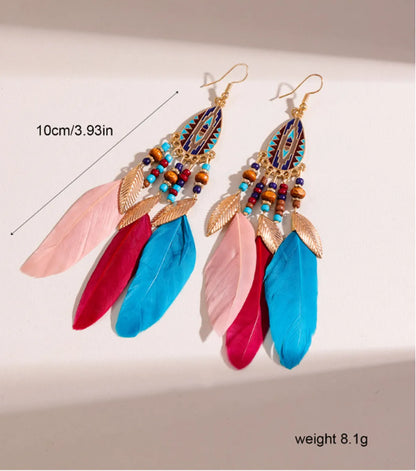 1 Pair Ethnic Style Leaves Water Droplets Beaded Alloy Feather Drop Earrings