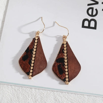 1 Pair Ethnic Style Leopard Pu Leather Wood Metal Patchwork Women'S Drop Earrings