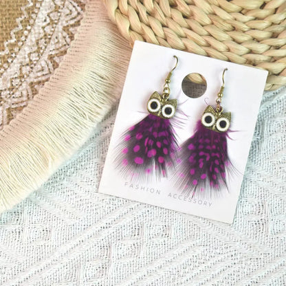 1 Pair Ethnic Style Owl Plating Alloy Feather Drop Earrings