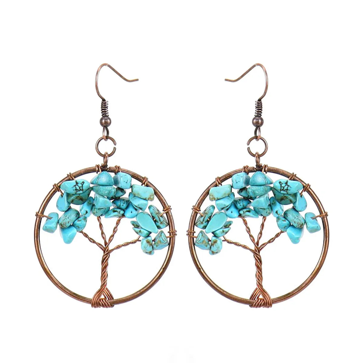 1 Pair Ethnic Style Pastoral Tree Hollow Out Natural Stone Copper Drop Earrings