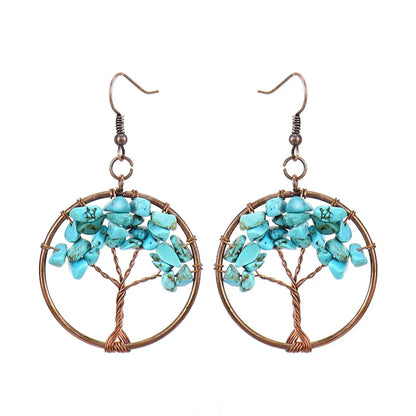 1 Pair Ethnic Style Pastoral Tree Hollow Out Natural Stone Copper Drop Earrings