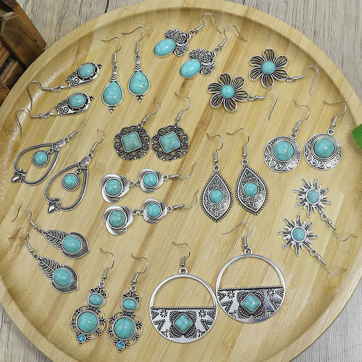 1 Pair Ethnic Style Round Inlay Alloy Turquoise Drop Earrings