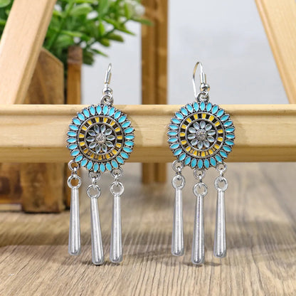 1 Pair Ethnic Style Round Inlay Alloy Turquoise Drop Earrings