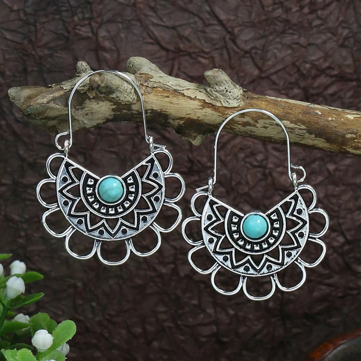 1 Pair Ethnic Style Round Inlay Alloy Turquoise Drop Earrings