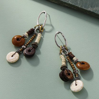 1 Pair Ethnic Style Round Patchwork Wood Iron Drop Earrings