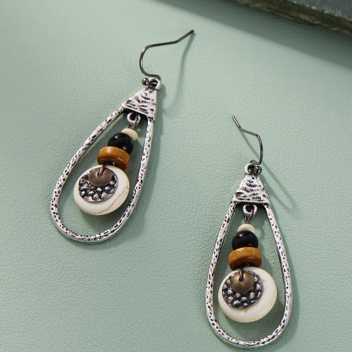 1 Pair Ethnic Style Round Patchwork Wood Iron Drop Earrings