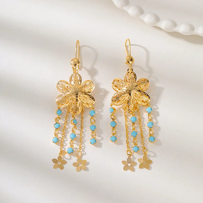 1 Pair Ethnic Style Simple Style Flower Tassel Hollow Out Inlay Copper Turquoise 18K Gold Plated Drop Earrings